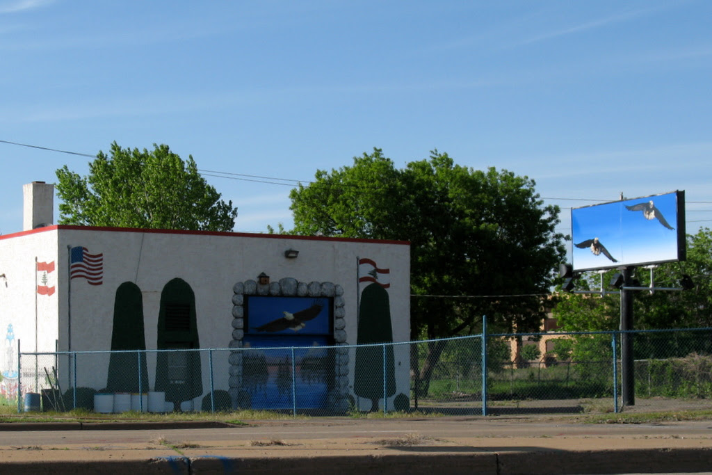 a building painted with eagles