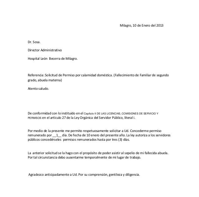 Carta De Permiso Laboral Por Fallecimiento De Un Familiar 