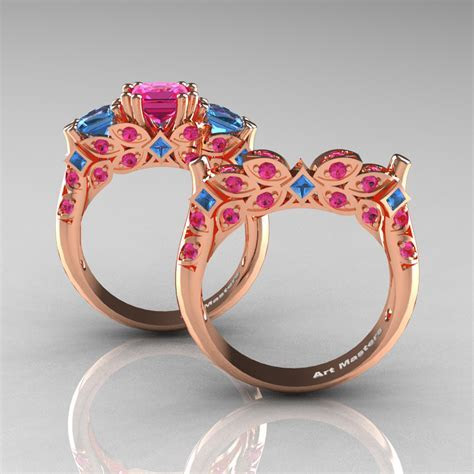 Classic 14K Rose Gold Three Stone Princess Pink Sapphire Classic 14K Rose Gold Three Stone Princess Pink Sapphire