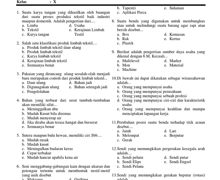 Soal Dan Jawaban Prakarya Kelas 10