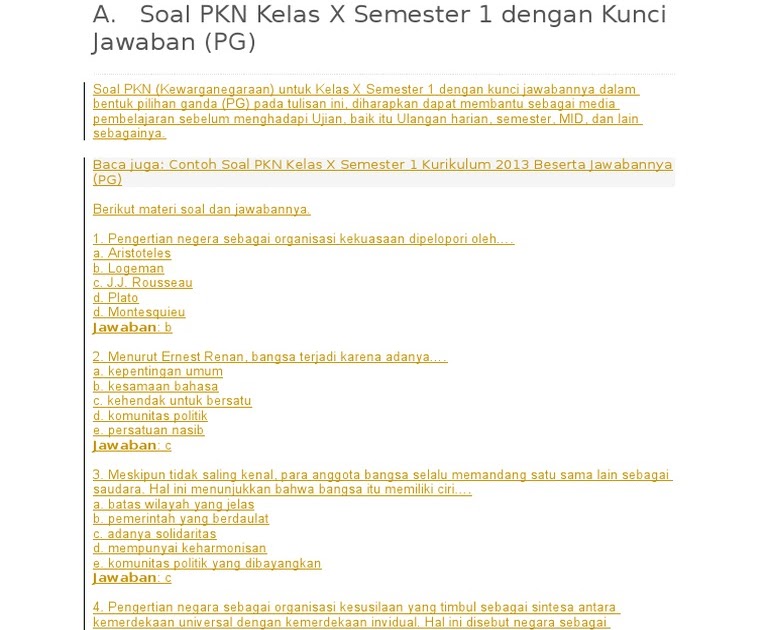 Soal Pkn Kelas X Semester 2 Beserta Kunci Jawaban Download File Guru