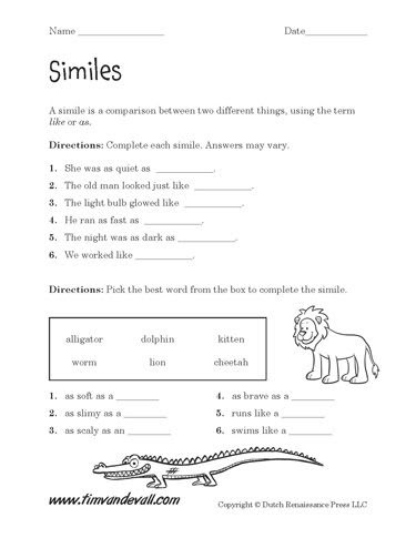 Similes Worksheet 4th Grade