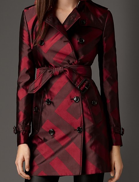 RysenShyne: CHECK SILK JACQUARD MAHOGANY RED TRENCH COAT