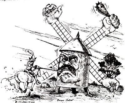 Don Quixote attacking a windmill!