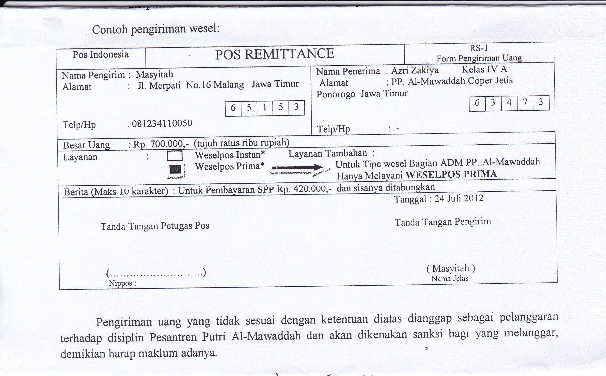 Contoh Surat: Contoh Formulir Untuk Surat Wesel