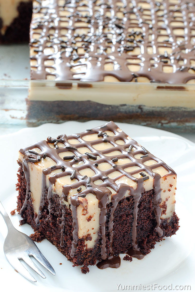 Caramel Poke Cake - served on the plate