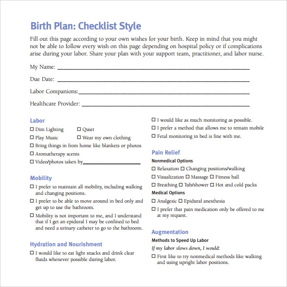 Sample Birth Plan Natural Sample Site G