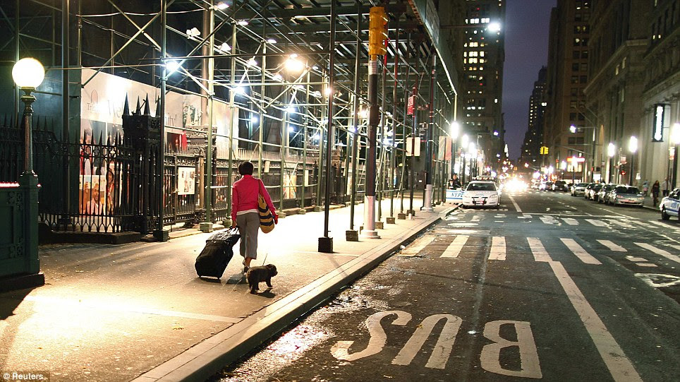 On her own: A woman with her luggage and a dog make their way to Wall Street station, to get out of lower Manhattan in New York on Sunday night