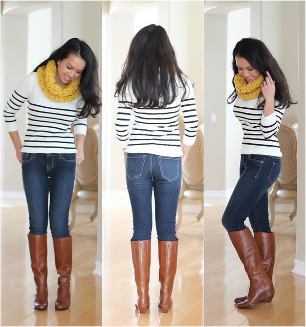 {outfit inspiration} tan boots jeans stripes bright yellow scarf. I don ...