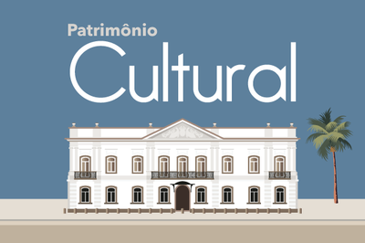 Arte com desenho de prédio histórico, escrito patrimônio cultural acima.