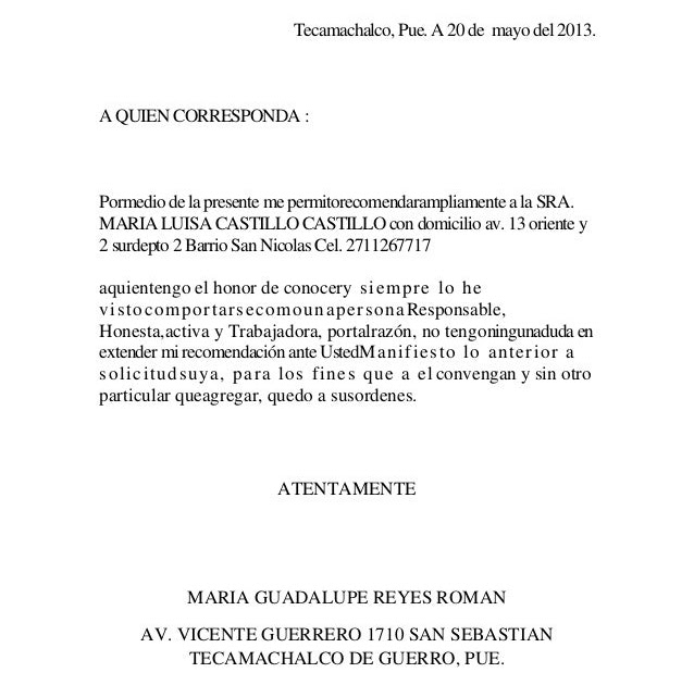 Carta de recomendación para arrendar casa