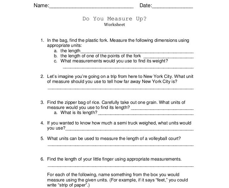 Measure Up Worksheet Answers