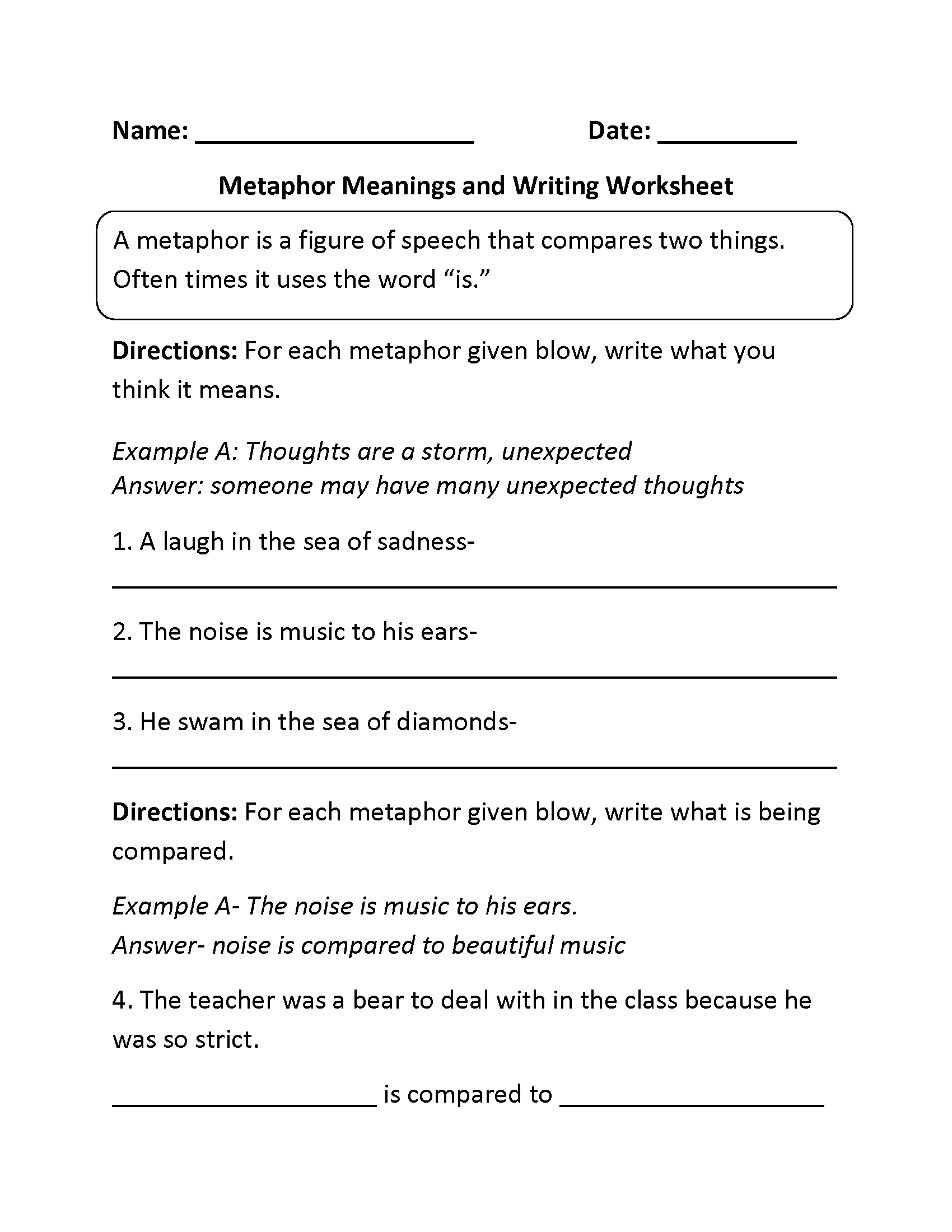 Free Printable Metaphor Worksheets