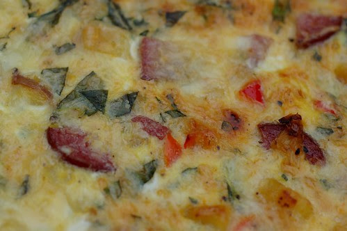 Sausage, Onion, Sweet Pepper and Tomato Frittata by Eve Fox, Garden of Eating blog