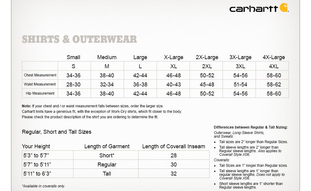 Carhartt Jacket Size Chart - Greenbushfarm.com