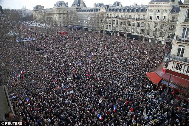 En masse: More than 3 million people took to the streets of Paris on Sunday as part of a solidarity march