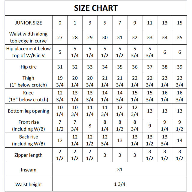 Junior Jeans Size Chart