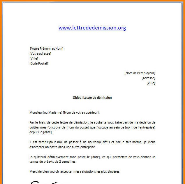 lettre de démission simple sans préavis