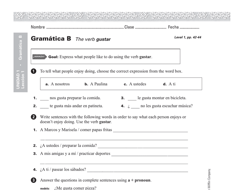 Unidad 4 Leccion 1 Gramatica B Answer Key Foreign Language Spanish 5th Grade Unidad 3