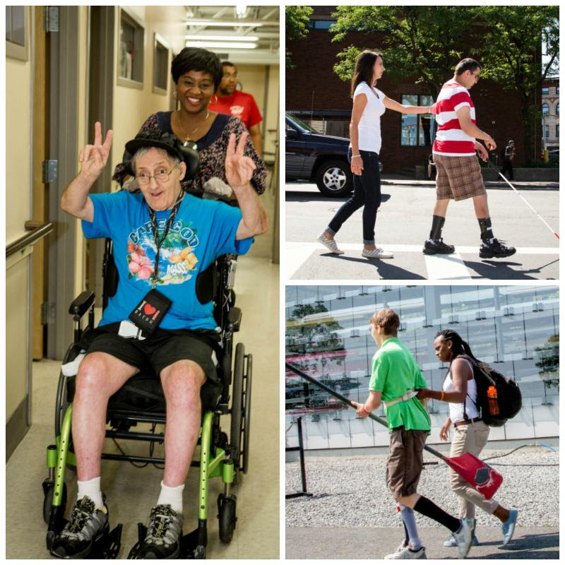 A collage of three photos: a staffer pushing an individual in a wheelchair and two images of staffers helping guide individuals