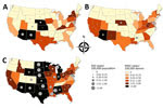 Thumbnail of Incidence of West Nile virus (WNV) infection cases and neuroinvasive disease (NID) cases by state, United States, 2010–2012. Dots indicate attack rates for NID cases reported to the Centers for Disease Control and Prevention in 2010 (A), 2011 (B), and 2012 (C).