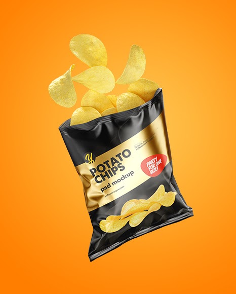 Download Food Packaging Mockup Free Download Glossy Bag W Chips Mockup In Bag Sack Mockups On Yellow Images PSD Mockup Templates