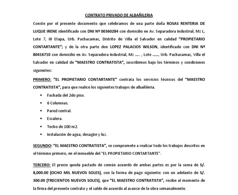 Albañileria Modelo De Contrato De Mano De Obra Noticias Modelo