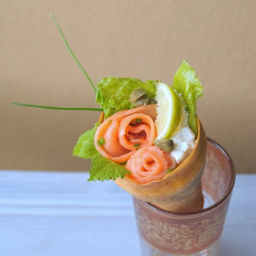 Home-Made Baked Spring-Roll-Pastry Cones with Delicious Fillings