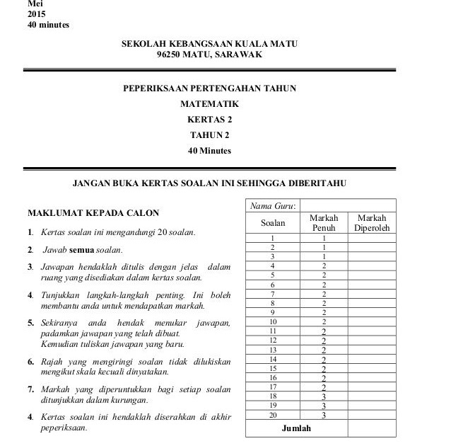 Koleksi Soalan Peperiksaan Pertengahan Tahun Sekolah Rendah Dan Jawapan