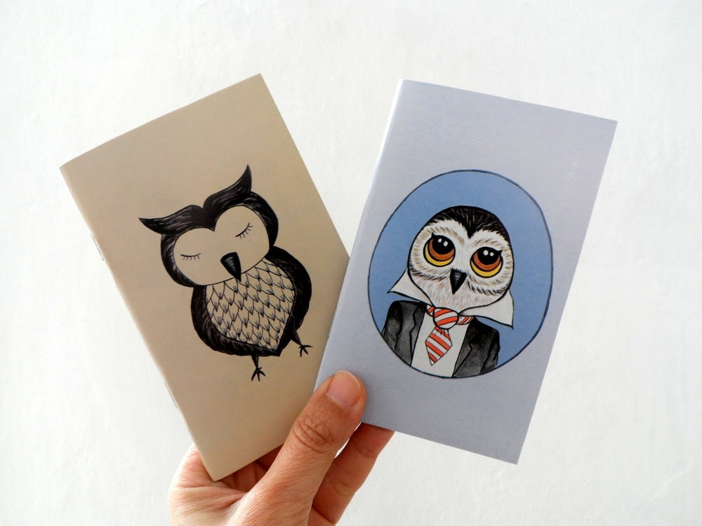 Mini Journal Set of 2, Owl illustrations, gift for him dudes