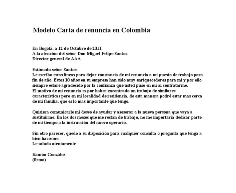 Carta De Renuncia Bogota 2018 Sample Site B