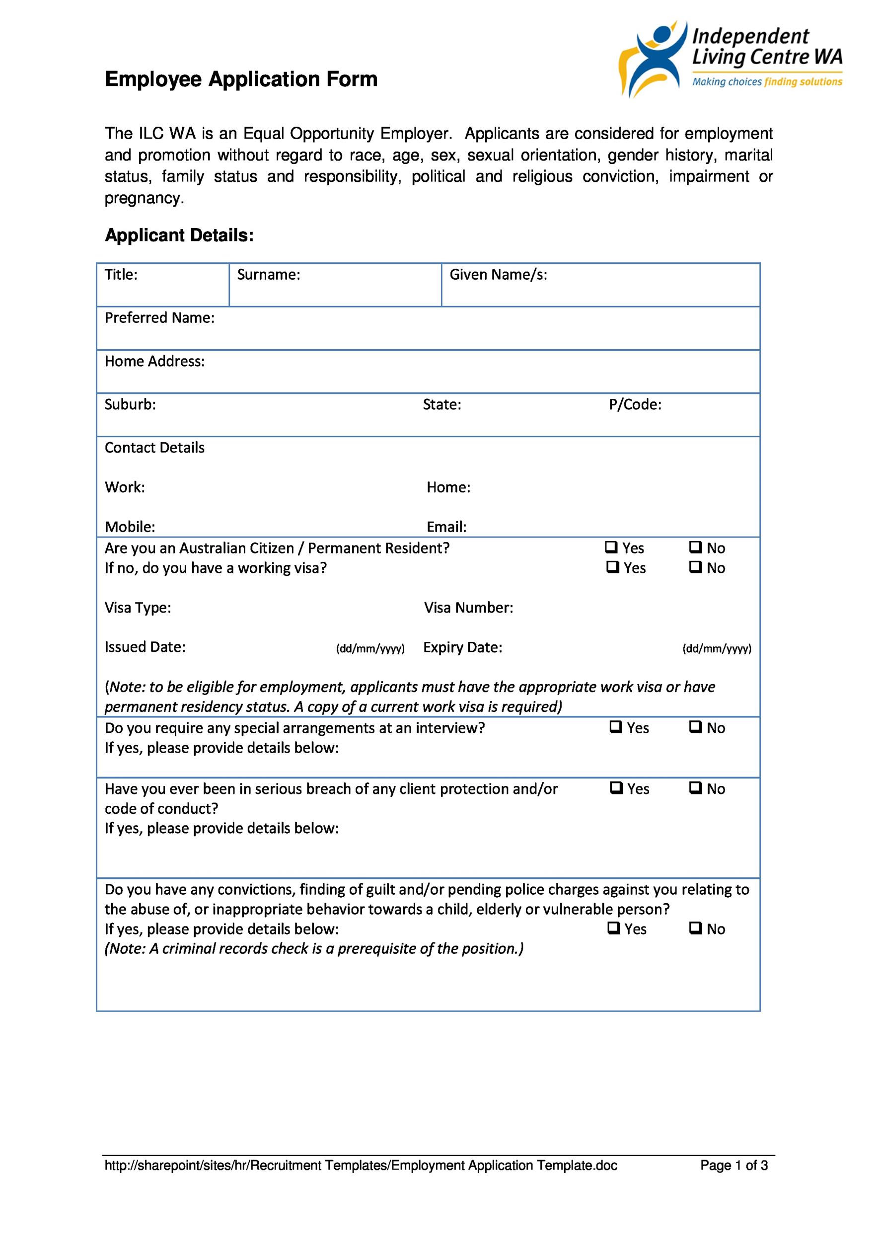 New Hire Application Form Template Hq Printable Documents