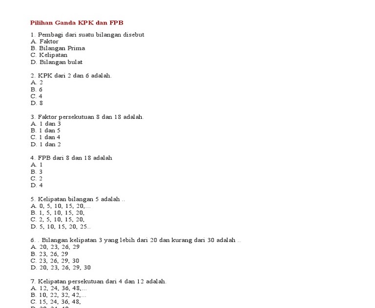 Soal Kpk Dan Fpb Kelas 4 Doc  Tugas Sekolah