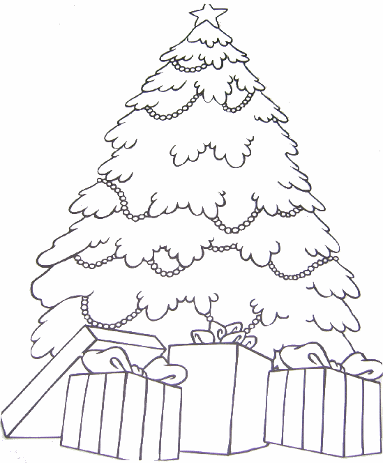 Big bushy Christmas tree with free Christmas gifts in these coloring pages.