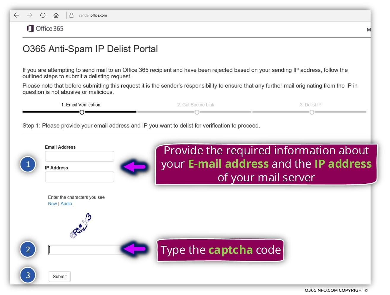 Spam IP. Office mail Server. Submit code. Sender. Your mailing address