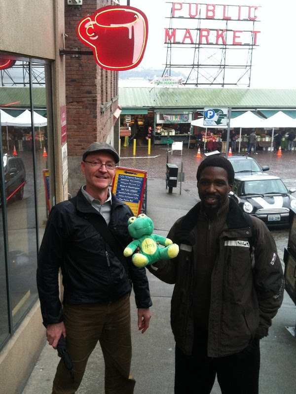 Feb13-1OutsideSBS Ed, Frog Quaffer and Mzukisi outside Seattle's Best Coffee