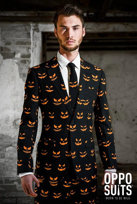 Creepy Cool Black Halloween Suit Featuring a Pattern of Orange Jack-o’-Lantern Faces