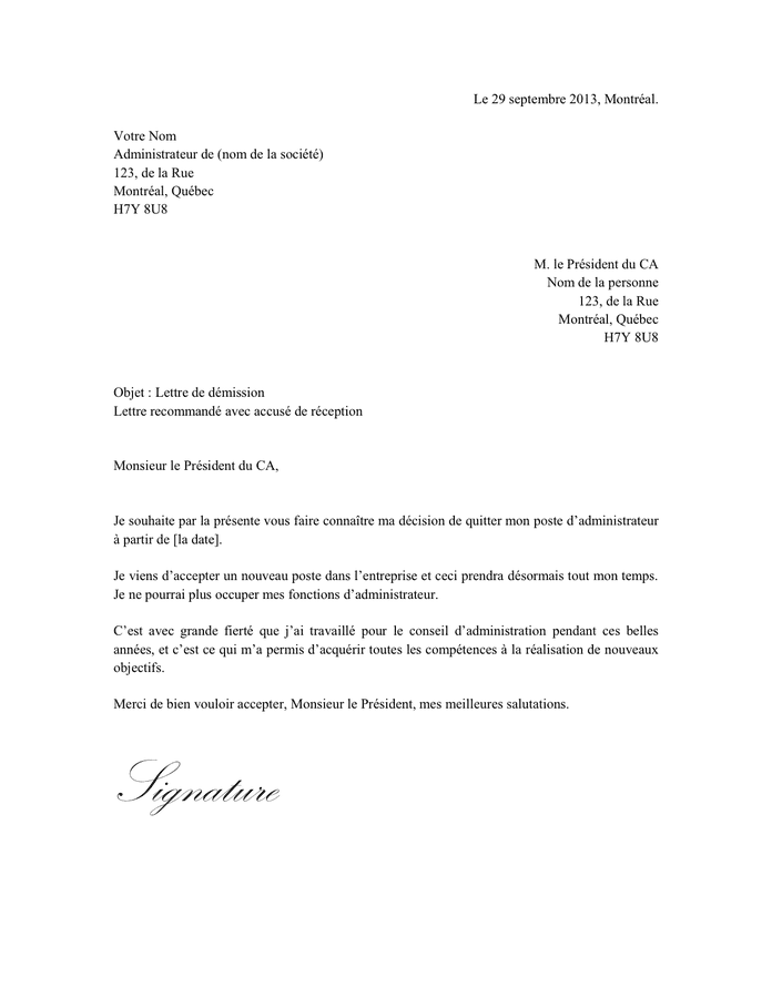 Exemple Lettre De Démission Simple Québec hadiselamet