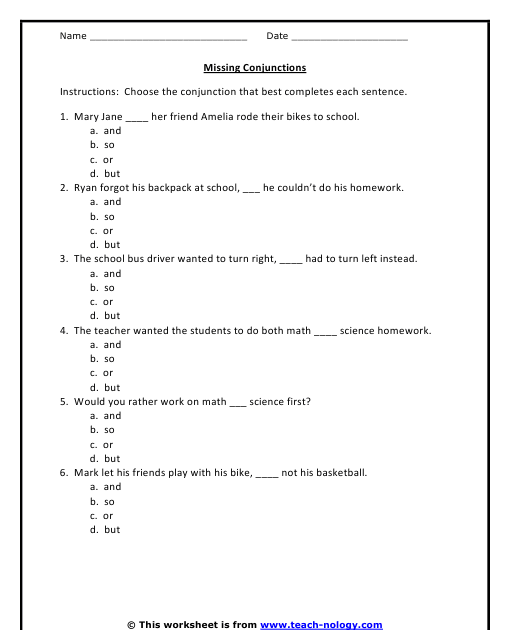 Conjunctions Worksheets With Answer Key Pdf