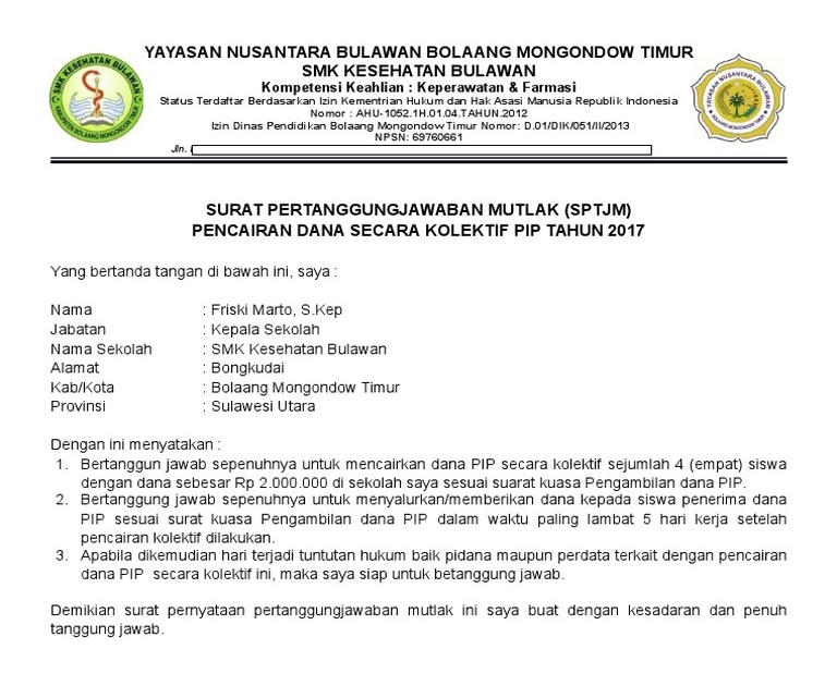 Contoh Surat Pertanggung Jawaban Mutlak Dari Dapodik 2018b  Master School