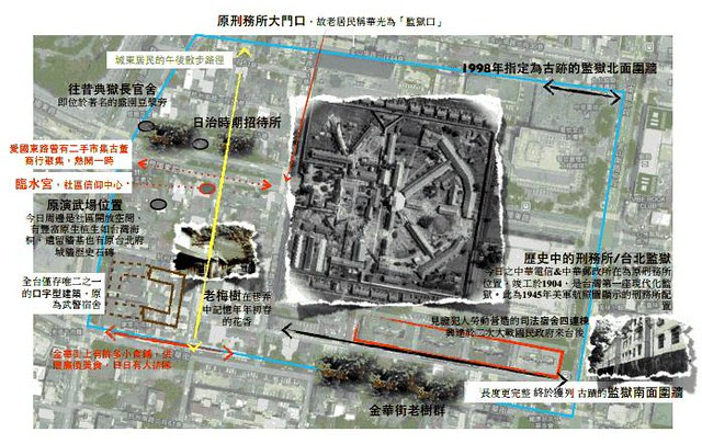 臺北刑務所南北圍牆與相關文資空間位置