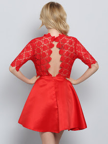 Red Ruby Half Sleeve Backless Scallop With Lace FLare Dress