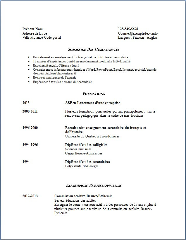 Resume Format Cv Quebecois Enseignant