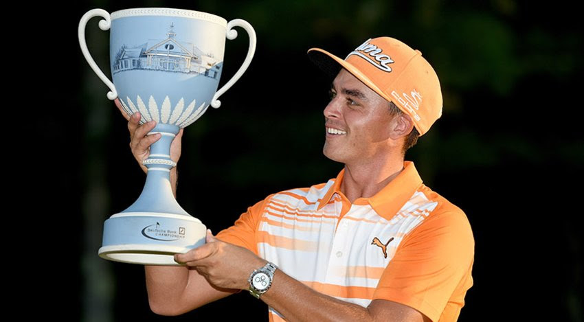 Rickie Fowler with Deutsche Bank trophy