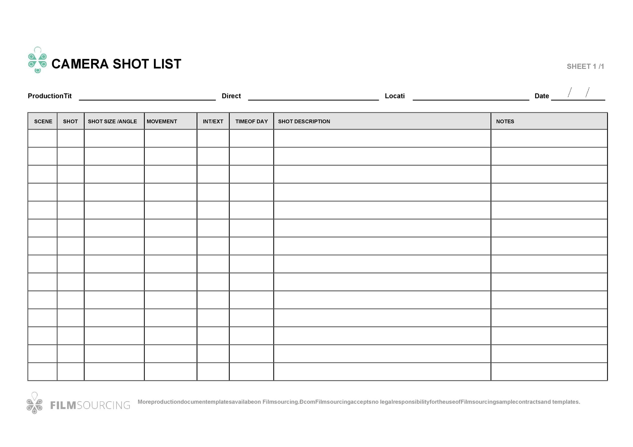 Movie Shot List Template HQ Printable Documents