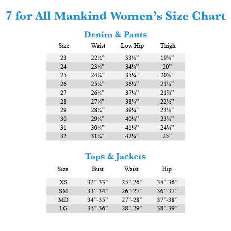 18 New 7 For All Mankind Size Chart