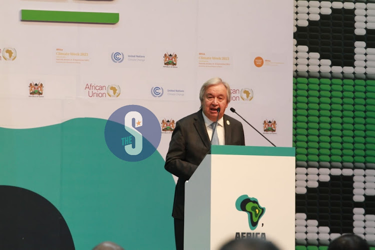 United Nations Secretary General Antonio Guterres addressing delegates during Day 2 of the Africa Climate Summit at KICC on September 5, 2023.