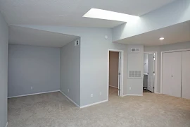 Empty apartment interior showing carpeted living space with white walls and doors leading to other rooms.