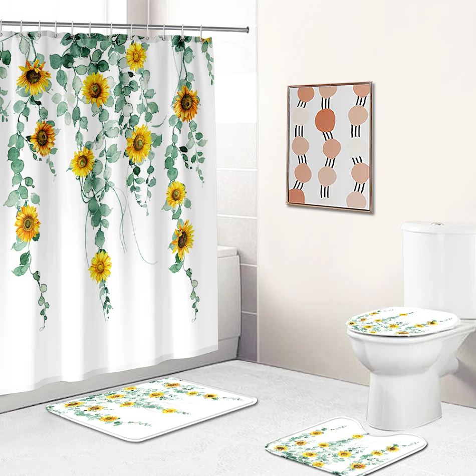 Ayçiçeği polyester baskılı duş perdesi seti, banyonuza canlılık katın, su geçirmez ve kolay temizlenebilir çiçek desenli duş perdesi.