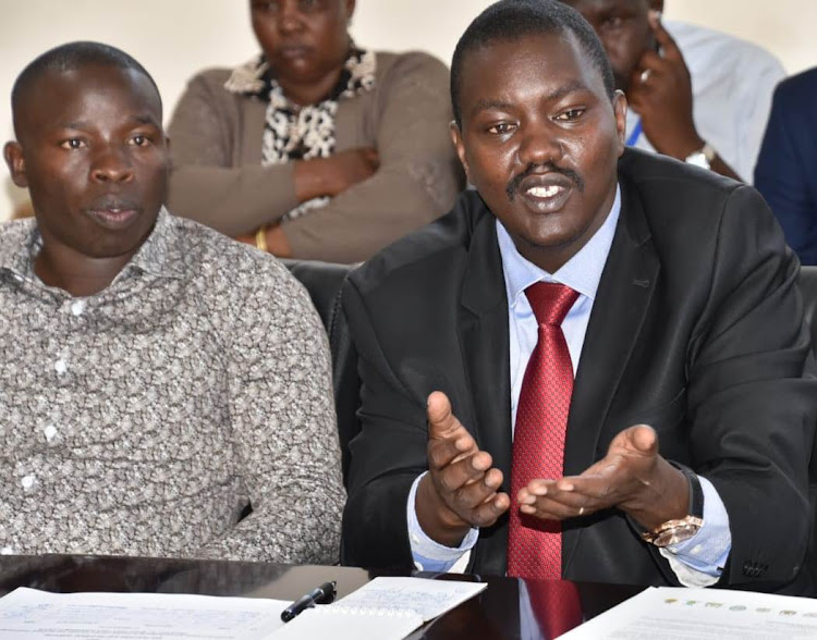 Governors Stephen Sang of Nandi and Jackson Mandago of Uasin Gishu at a meeting on the coronavirus in n Eldoret on March 21.